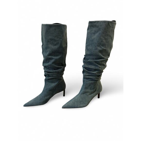 ZARA Slouchy Denim Kitten Heel Boots Size 8.5 – Pointed Toe Mid-Calf Booties - Picture 10 of 10